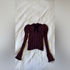 Zara dark burgundy ribbed long sleeve top with black bow